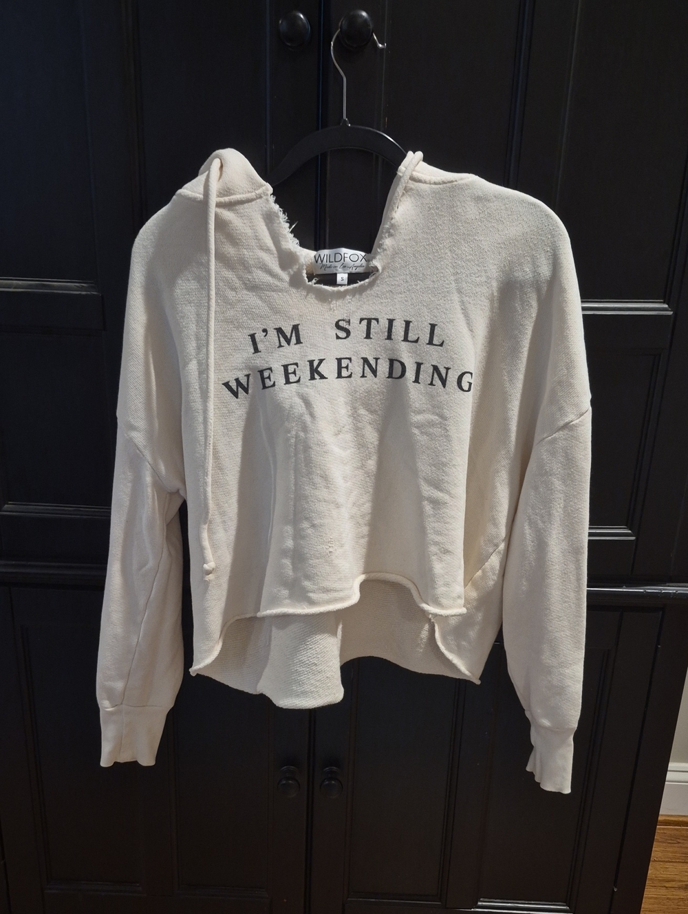 Wildfox Cream Pullover Hoodie with 'I'M STILL WEEKENDING' Print